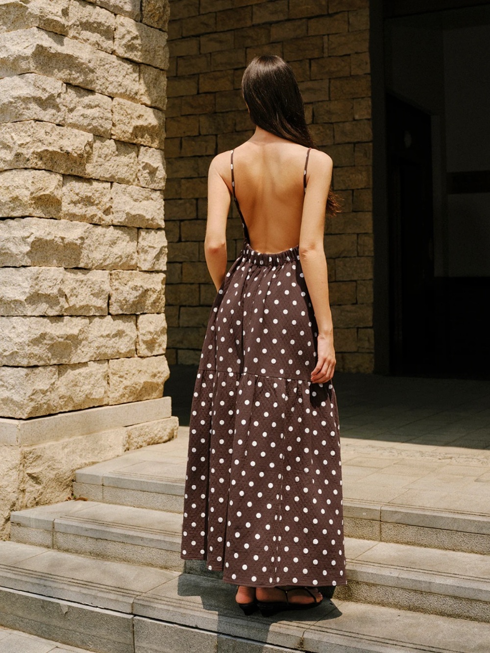 Commense Brown & White Polka Dot Spaghetti-Strap Tiered Maxi Dress - Picture 7 of 8